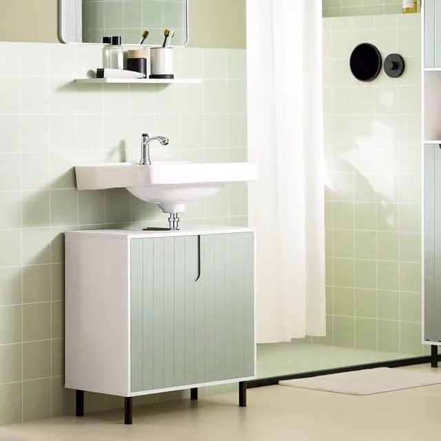 SoBuy Modern Under-Sink Bathroom Cabinet with Hinged Doors and Internal Shelves in Green