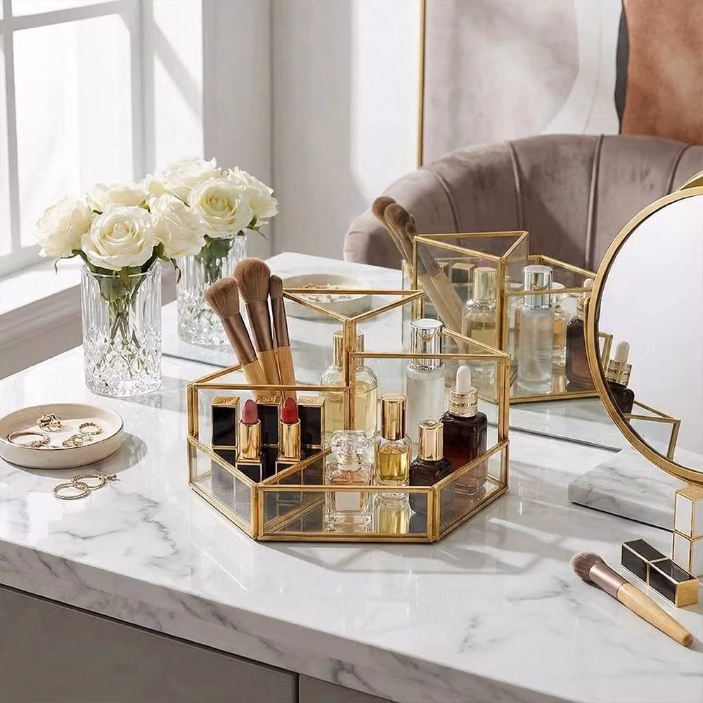 PAWNORA Gold Metal and Glass Makeup Storage Rack and Skincare Perfume Organiser, W: 19.5 cm, D: 10 cm, H: 9.5 cm – 2