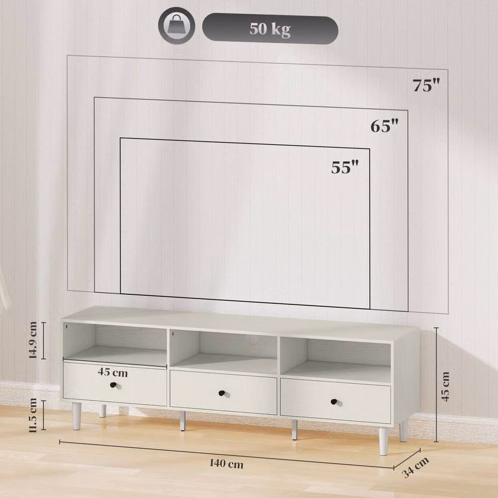 Wyld Haus Kedito TV Stand in White with 3 Drawers and 3 Open Shelves, W: 140 cm, D: 34 cm, H: 45 cm – 3
