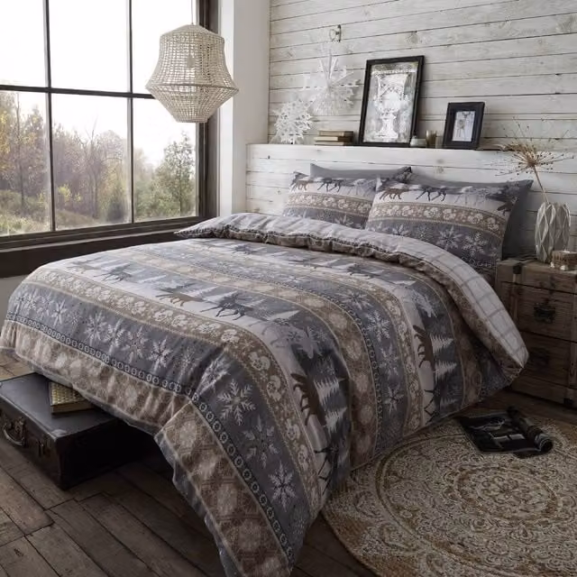 Happy Linen Company Cotton Flannel Duvet Cover and Pillowcase Set, Winter Graphic Design, Beige/Brown/Grey, Duvet Cover: 140 x 200 cm, Pillowcase: 50 x 75 cm
