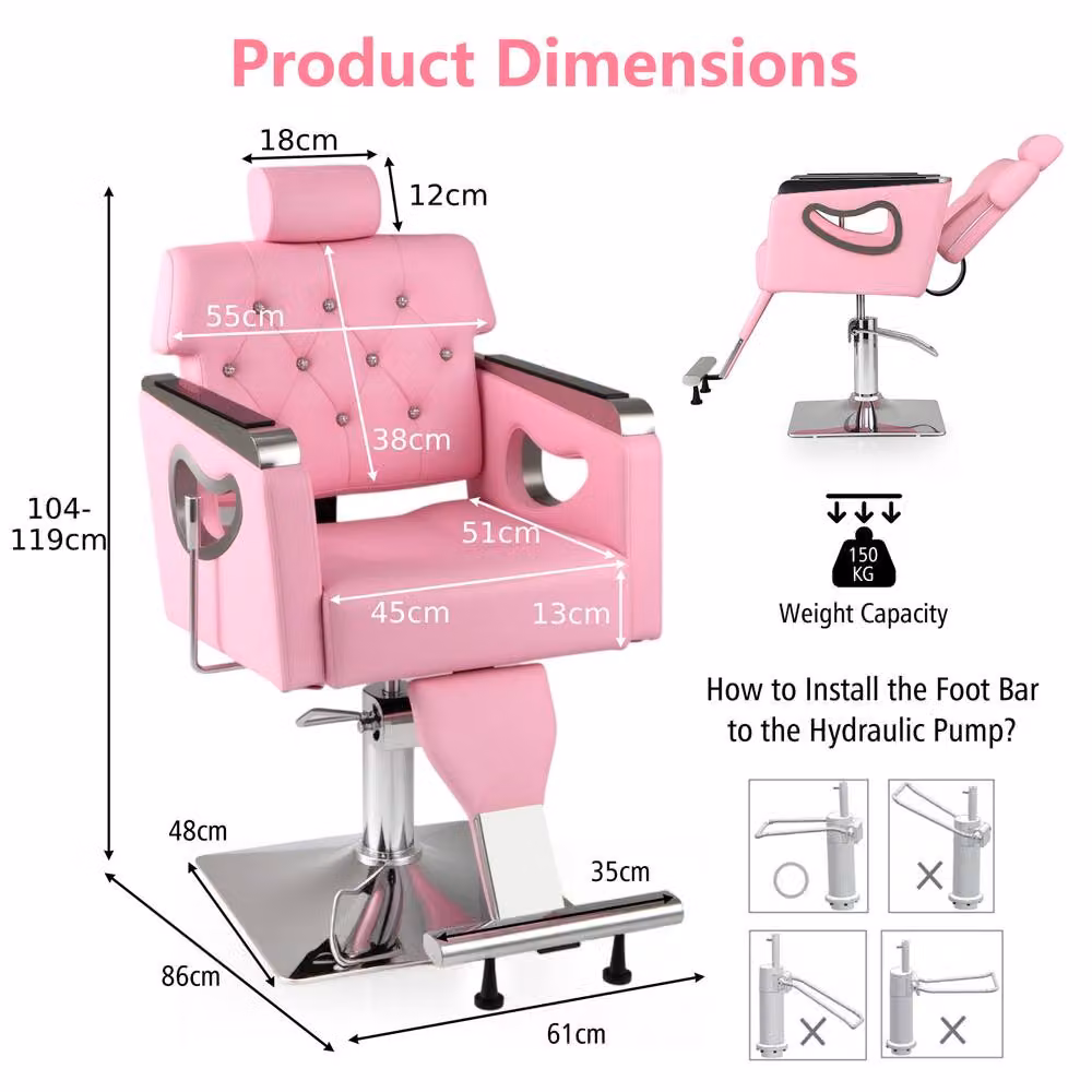 Costway Adjustable Swivel Barber Styling Salon Chair in Pink with Armrests – 2