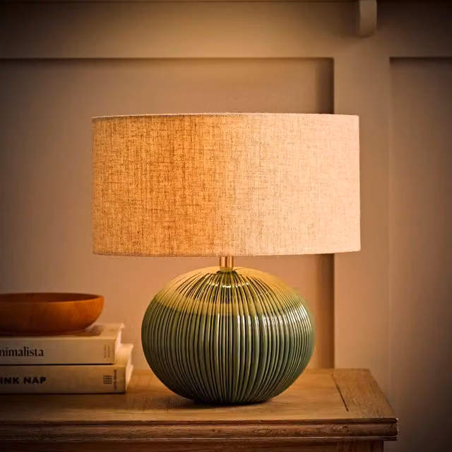 ValueLights Rebecca Ribbed Ceramic Table Lamp with Natural Linen Shade in Green