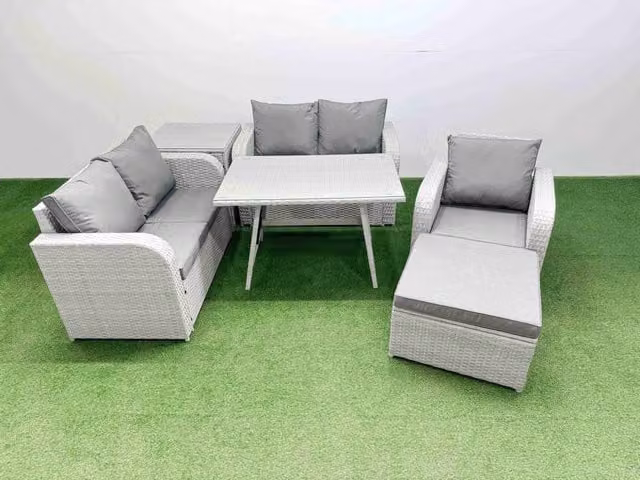 Fimous 6 Seater L-Shape Rattan Garden Furniture Set in Light Grey with Upholstered Cushions and Coffee Table