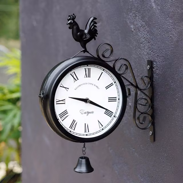 Primrose Double Sided Station Wall Clock with Bell Cockerel in Black Metal, Diameter: 30 cm – 1