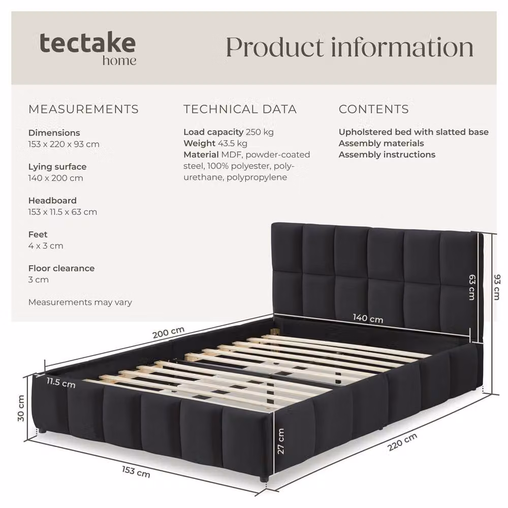 tectake Shirley Upholstered Super King Bed with Slatted Frame and Lift Up Base in Black – 6