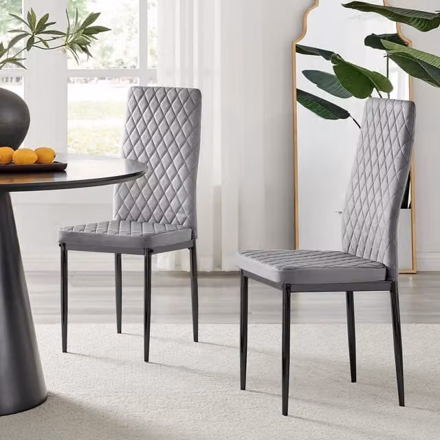 FurnitureboxUK Set of 4 Milan High Back Diamond Pattern Velvet Dining Chairs in Grey with Black Metal Legs