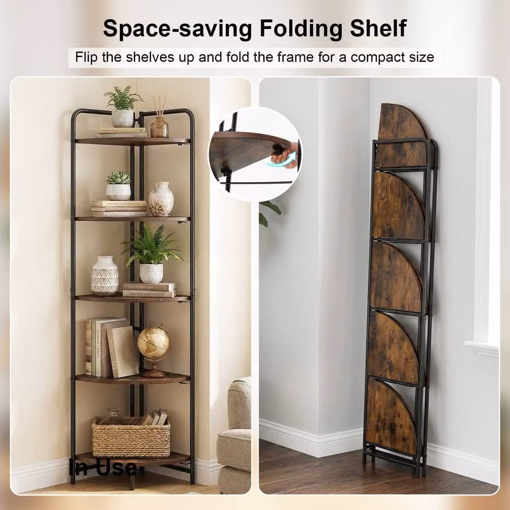 Gymax 5 Tier Brown Metal Open Corner Display Shelf and Folding Rack – 5