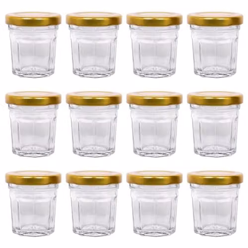 Argon Tableware Glass Jam Jars with Gold Metal Screw Top Lids, 30ml, Pack of 12, Transparent – 1