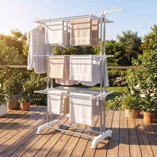 SONGMICS 4 Tier Foldable Clothes Drying Rack with Wing Arms and Wheels, Silver, W: 63.5 cm, D: 63.5 cm, H: 173 cm