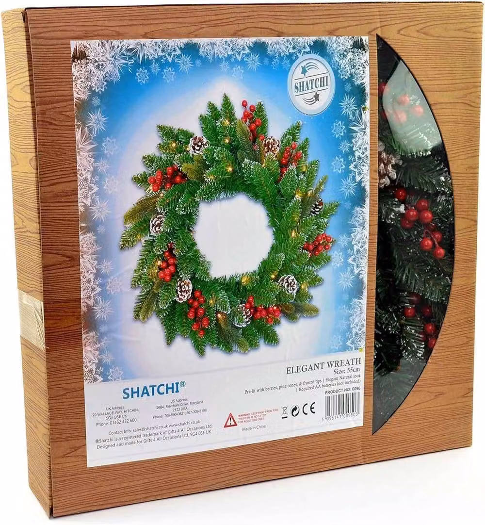 Shatchi Green Christmas Wreath with Berries, Pine Cones and Frosted Tips, Diameter: 55 cm – 2