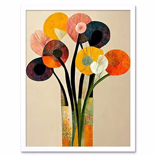 Wee Blue Coo Spring Flowers Floral Bouquet Abstract Vase Boho Art Print Framed Wood Poster Wall Decor, W: 33.3 cm, H: 43.3 cm