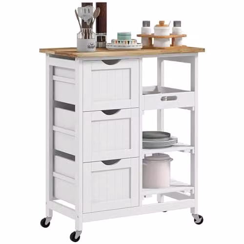 HOMCOM Rolling Kitchen Island Cart with Wood Top and Castors, White, W/D/H: 67 x 37 x 85.5 cm