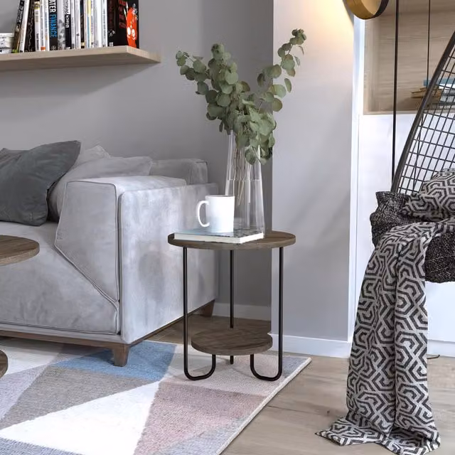 FWStyle 2 Tier Round Side End Table in Dark Coffee Oak