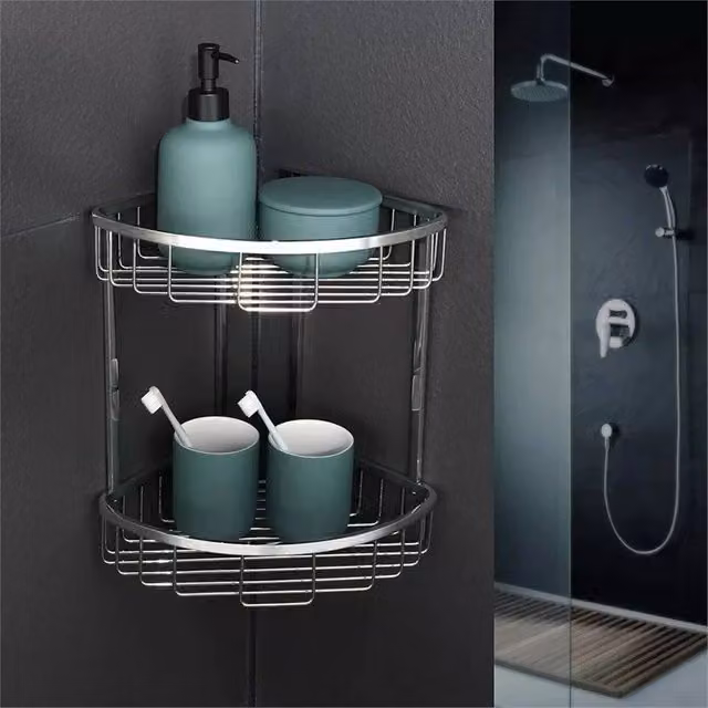 Nordara 2 Tier Stainless Steel Corner Shower Bathroom Shelf Organizer Basket in Silver – 1