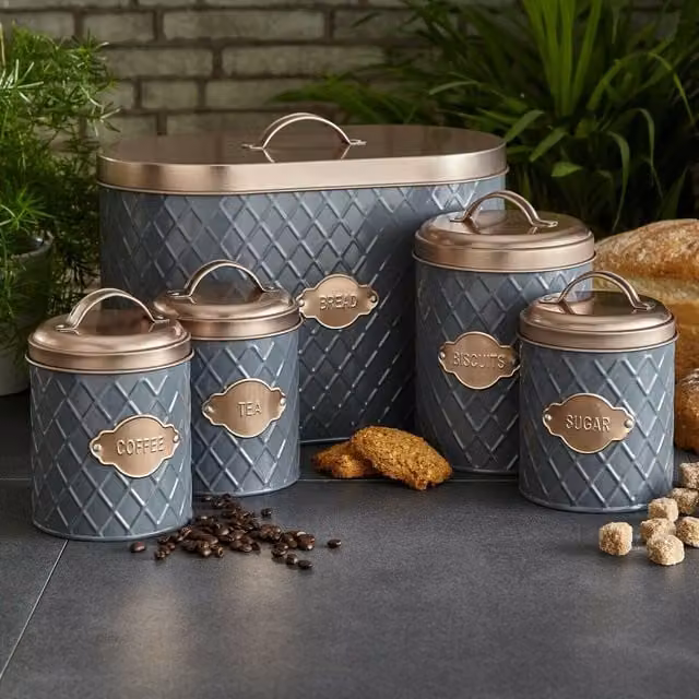 Neo 5 Piece Geometric Metal Kitchen Canister Set in Grey and Copper