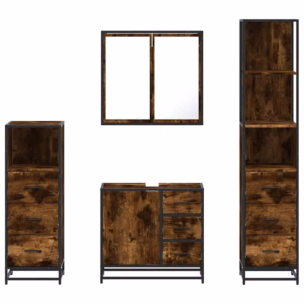 Berkfield Home 4-Piece Industrial Bathroom Furniture Set in Smoked Oak and Brown – 4