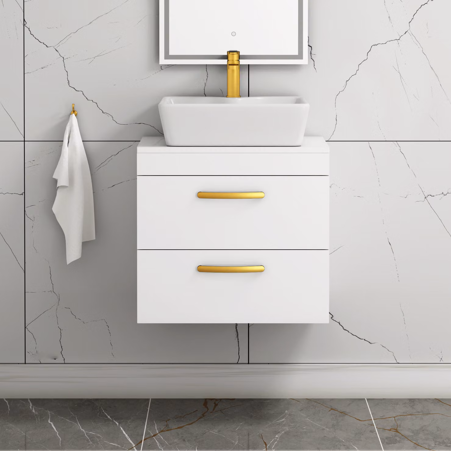 Royal Bathrooms Gloss White 600mm Wall Hung 2 Drawer Vanity Unit with Cube Countertop Basin and Brushed Brass Handle