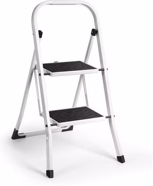 VonHaus 2 Step Steel Folding Step Ladder with Handle and Anti-Slip Rubber Feet, White – 1