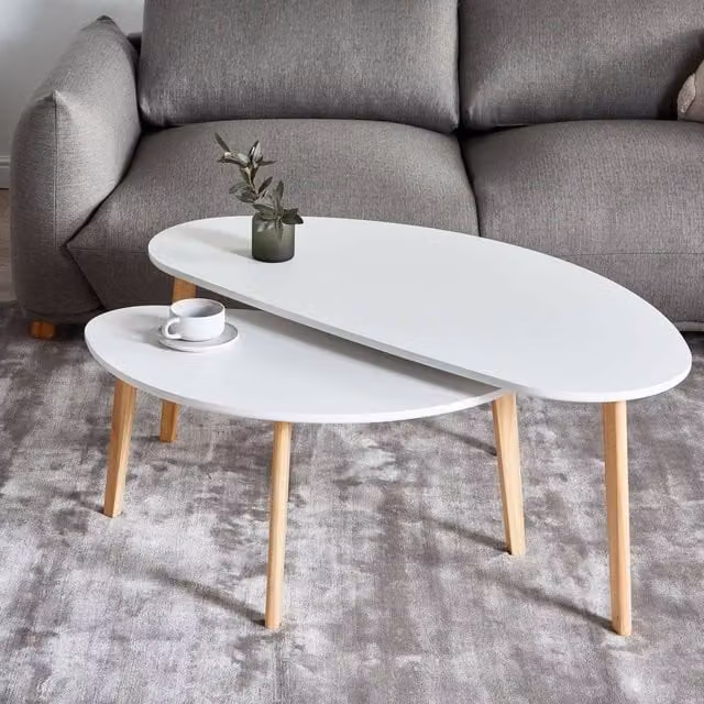 Wyld Haus Set of 2 Small White Oval MDF Coffee Tables with Pine Legs