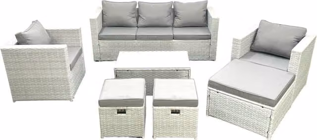 Fimous Rattan Garden Outdoor Furniture Set in Light Grey with 3 Seater Sofa, 2 Armchairs, 3 Ottomans and Coffee Table