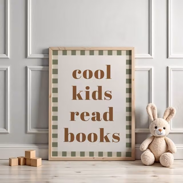 Autumns Corner Cool Kids Read Books Paper Poster, Sage Checkerboard A3