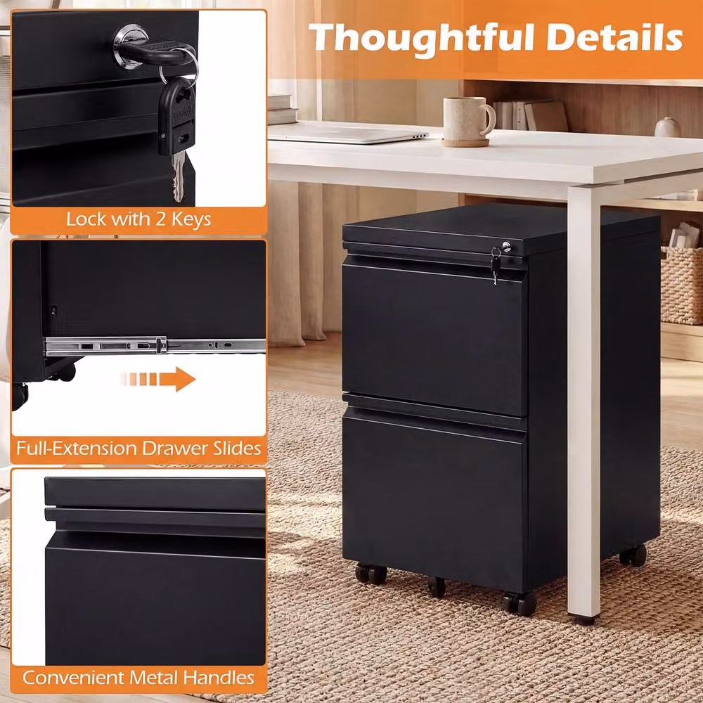 Costway 2-Drawer Mobile Metal Filing Cabinet with Lock and Casters in Black – 6