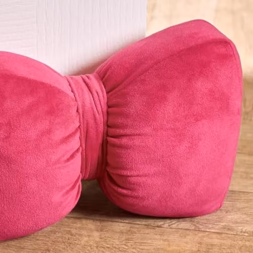 OHS Bow Shaped Weighted Door Stop in Pink Matte Velvet Fabric – 3