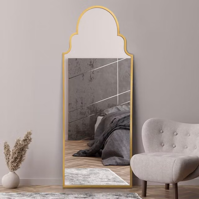 MirrorOutlet Arcus Crown Modern Metal Framed Arch Leaner Wall Mirror in Gold, H 180 cm x W 70 cm x D 1 cm