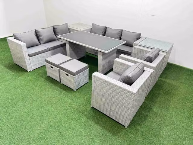 Fimous 10 Seater Outdoor Dining Set with 3 Seater Sofa and 2 Side Tables in Light Grey