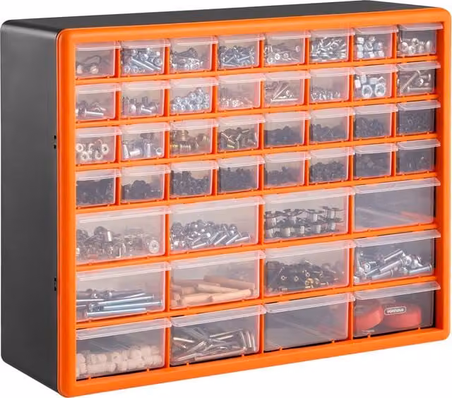 VonHaus 44 Drawer Multi Organiser for Small Parts in Orange and Transparent Plastic, Wall Mounted, W: 27.7 cm, D: 17.5 cm, H: 25.6 cm