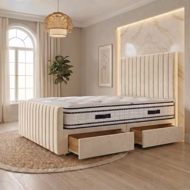 Somnior Eleanor Velvet Divan Bed with Mattress and 2 Drawers in Ivory, W/D/H: 120 x 200 x 56 cm