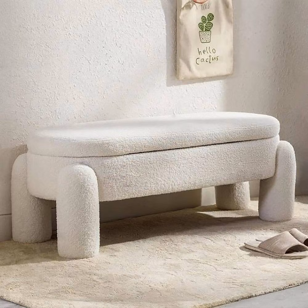 KORVIXA White Bouclé Upholstered Cylindrical Ottoman Storage Bed End Stool, W/D/H: 100 x 100 x 100 cm – 2