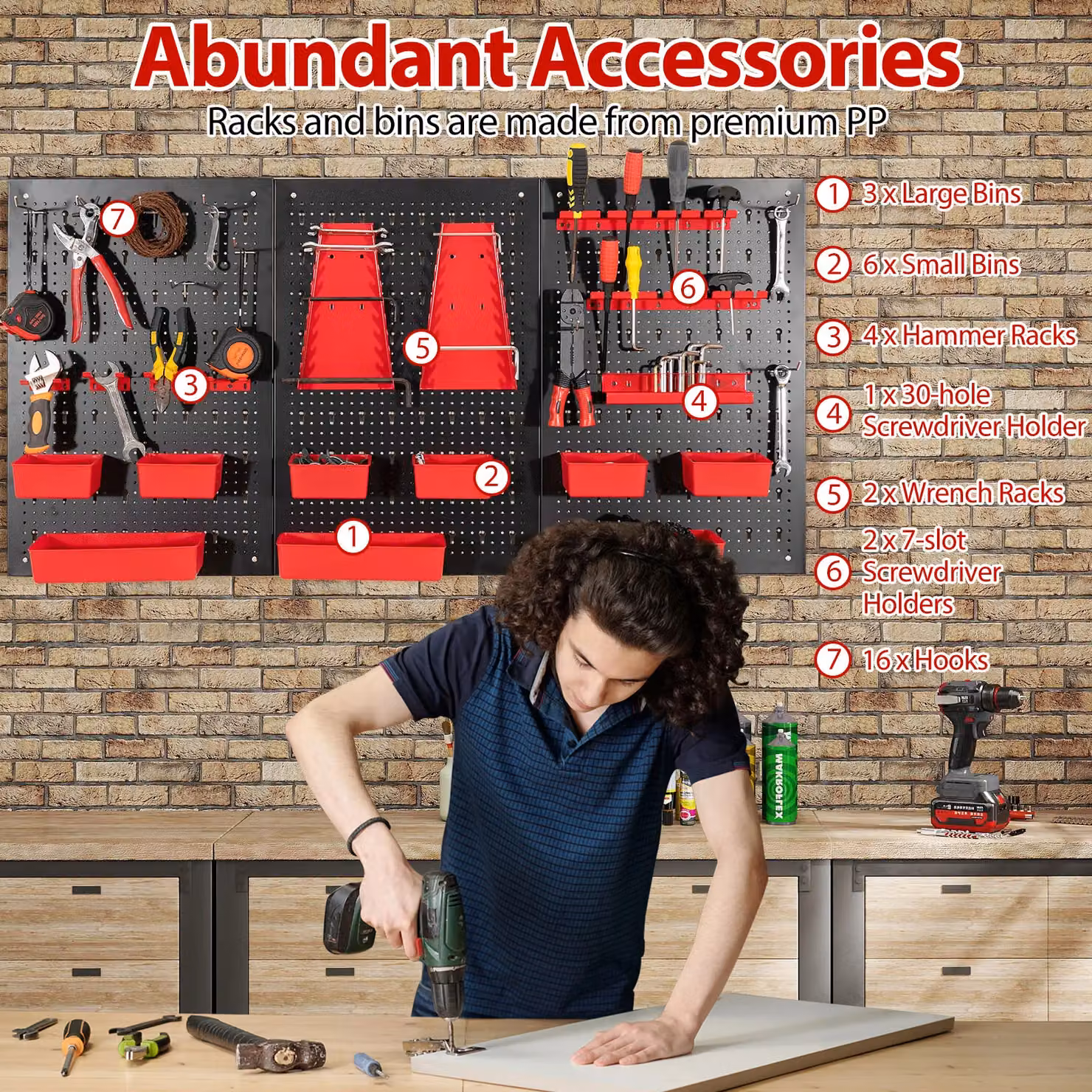 Costway Pegboard Wall Organizer with 9-Bin Parts Rack and Hammer Racks, Red, W/D/H: 120 x 64 x 60 cm – 7