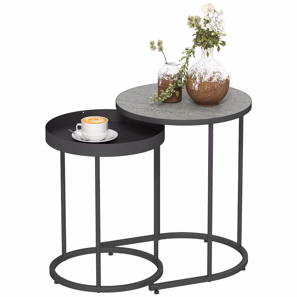 HOMCOM Set of 2 Industrial Round Nesting Side Tables in Grey – 2