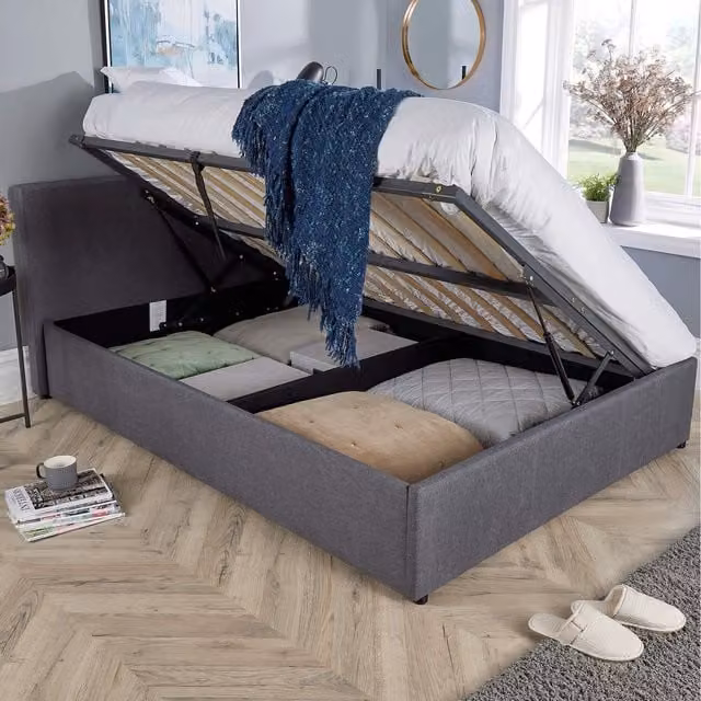 Home Source Horizon Side Lift Ottoman Bedframe in Grey Fabric, W/D/H: 180 x 200 cm