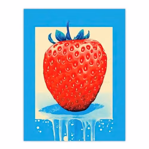 Wee Blue Coo Single Strawberry Fruit in Ice Unframed Paper Wall Art Poster in Blue and Red – 1
