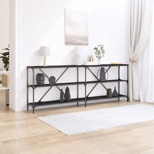 Berkfield Home Modern Black Oak Console Table with Steel X-Frame, W: 200 cm, D: 30 cm, H: 75 cm