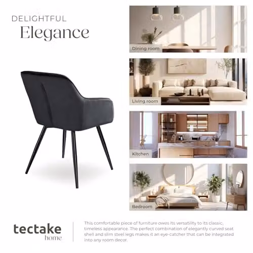 tectake Set of 2 Black Velvet Dining Chairs with Armrests and Metal Legs – 7
