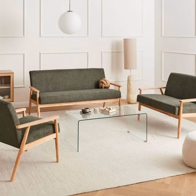 Wyld and Coco 3-Piece Mid-Century Retro Living Room Sofa Set in Green and Light Brown