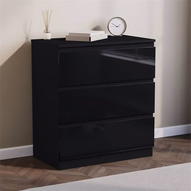 FORGEVIO Modern Black Wooden 3 Drawer Chest of Drawers