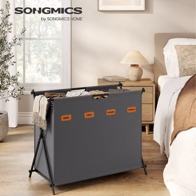 SONGMICS 155 L Laundry Hamper with 4 Sections, Collapsible Fabric and Steel Laundry Sorter, Black and Grey