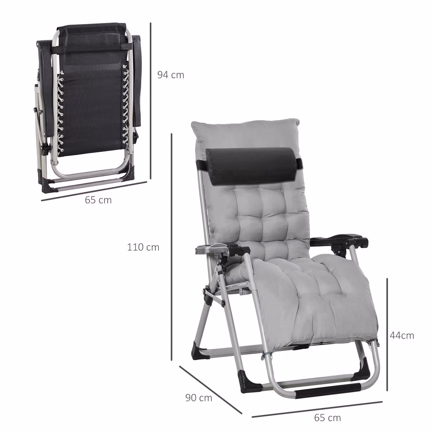 Outsunny 2 Piece Folding Sun Lounger Set with Adjustable Headrests and Cushions, Light Grey – 3