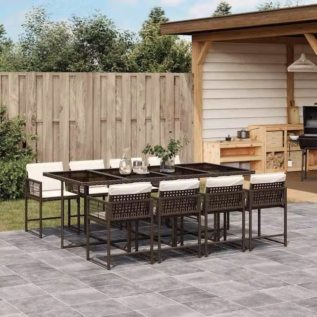 Berkfield Home 9 Piece Brown Poly Rattan Garden Dining Set with Cushions
