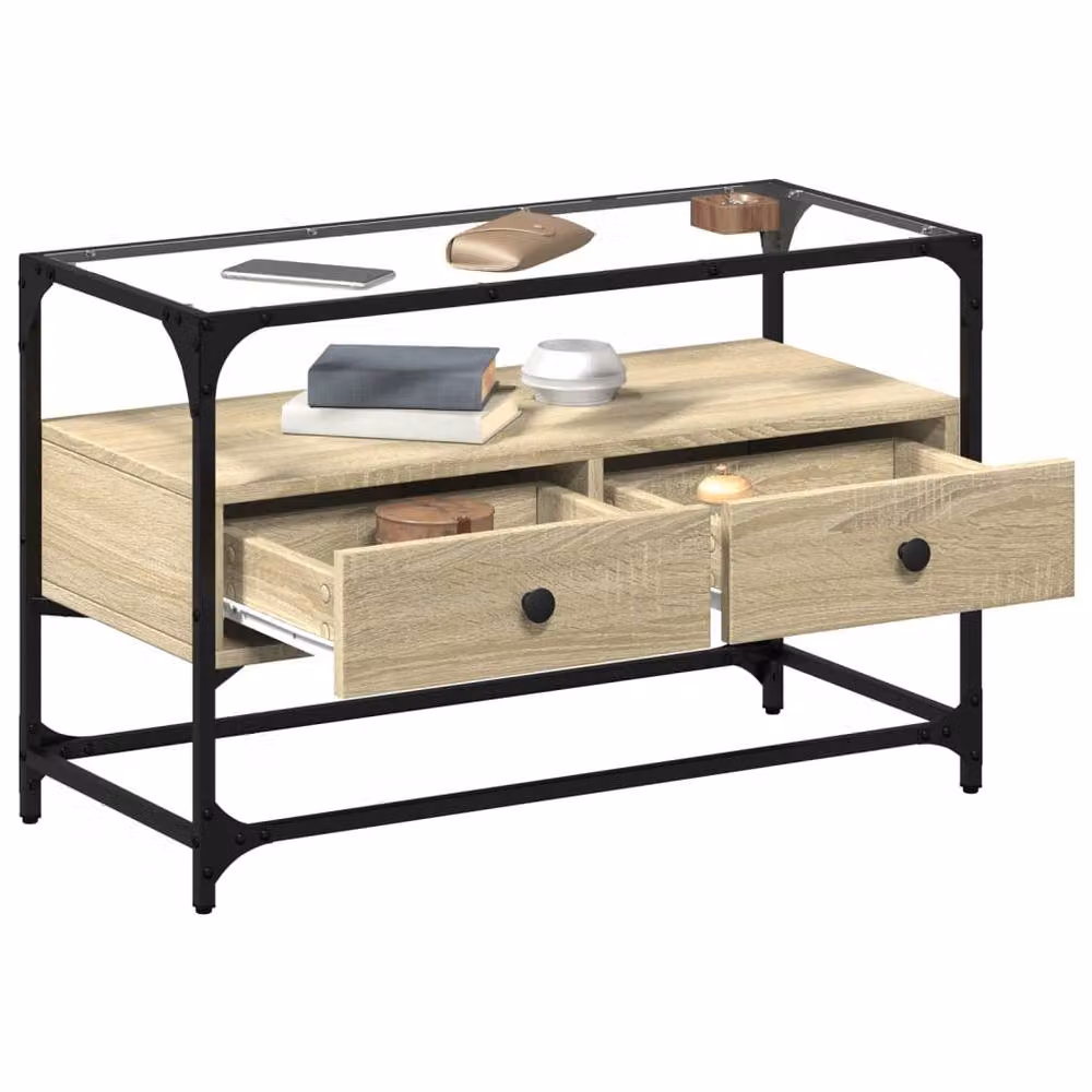 Berkfield Home TV Cabinet in Sonoma Oak and Brown with Glass Top, W/D/H: 80 x 35 x 51 cm – 3