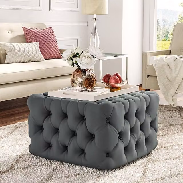 Livingandhome Grey Velvet Upholstered Cube Footstool
