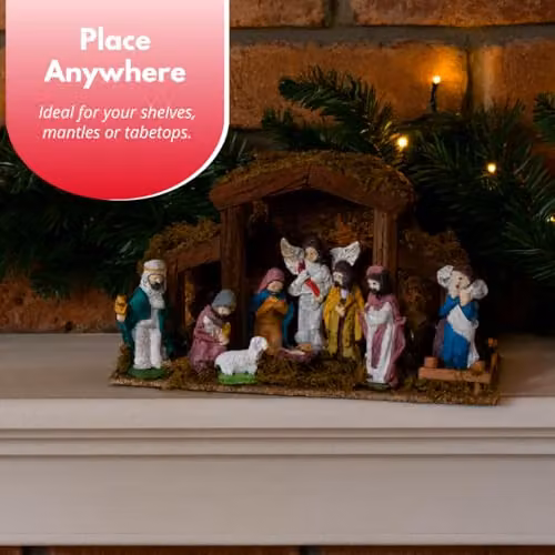 Marco Paul Interiors Traditional Hand-Painted Wooden Nativity Scene Set with Resin Figurines, Multicolour, Height: 38 cm – 4