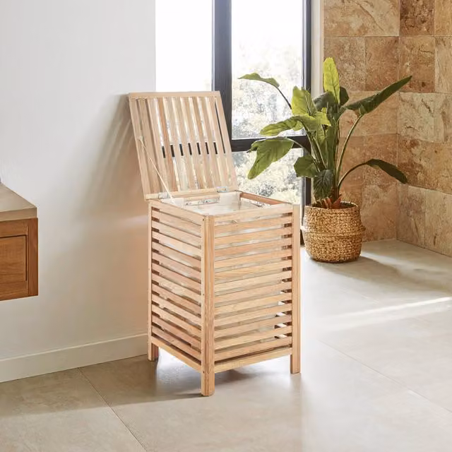 Orsina Arla Walnut Wood Laundry Hamper with Lid and Removable Bag in Brown