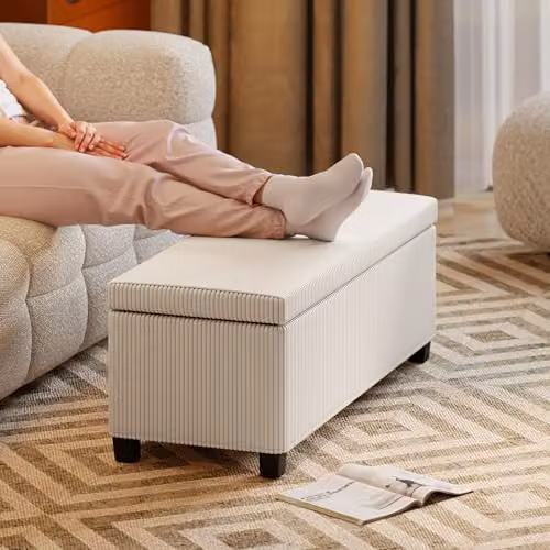HOMCOM Corduroy Storage Ottoman Bench in Beige with Padded Top and Lid, W: 112 cm, D: 40 cm, H: 42 cm – 4