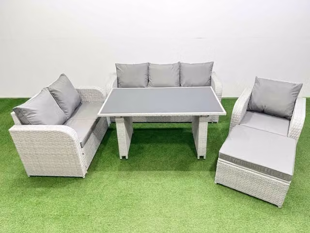 Fimous 7 Seater Rattan Outdoor Sofa Set with Large Stool in Light Grey