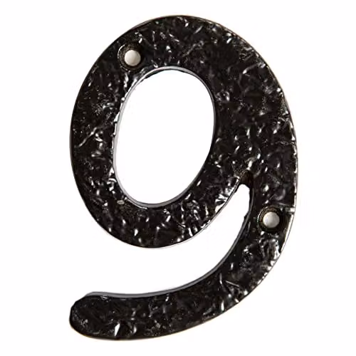 Hammer and Tongs Rustic Metal Number 9 Wall Numeral in Black, Height: 7.5 cm